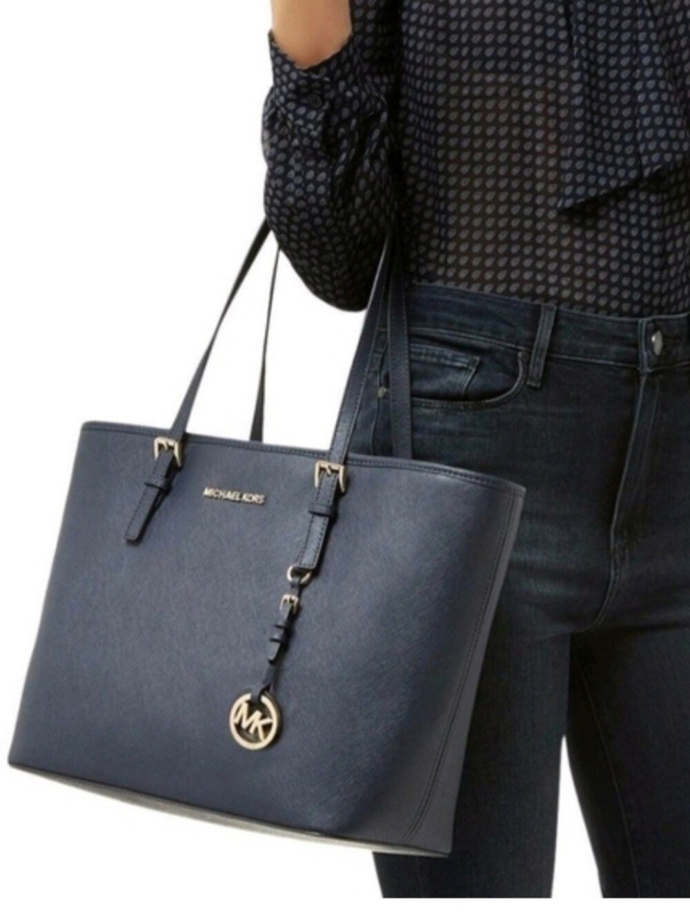Michael Kors Shoulder Bag Jet Set Travel Leather Top Zip Tote Navy NEW WITH TAG!